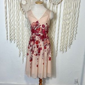 Adrianna Papell Peach Chiffon and Pink/Red Floral Dress Size US10